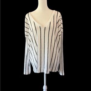 Anthropologie Textured Striped V-Neck Long Sleeve Top XL White Black